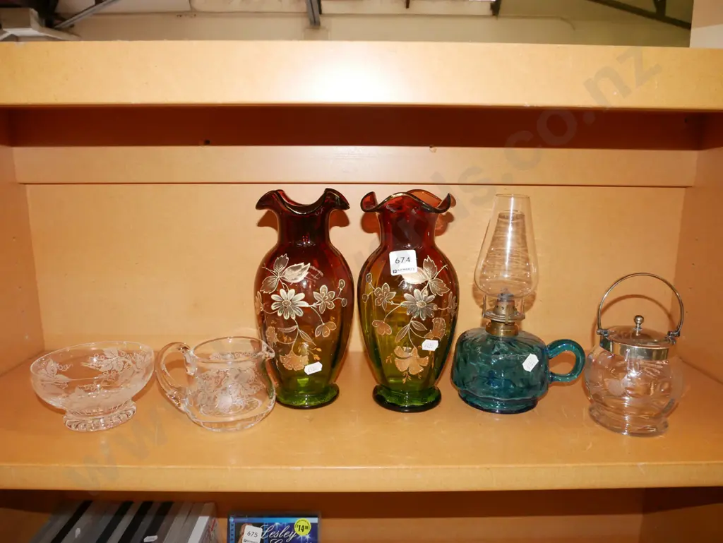 hand painted vases, blue glass lantern, jug etc Tallest vase H-220 Image 1++