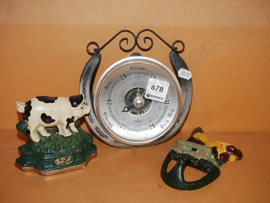 cast metal coat hook, door stop, barometer Image 1++