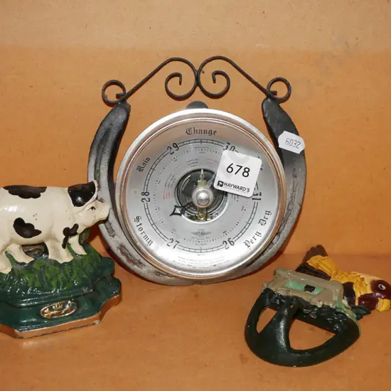 cast metal coat hook, door stop, barometer