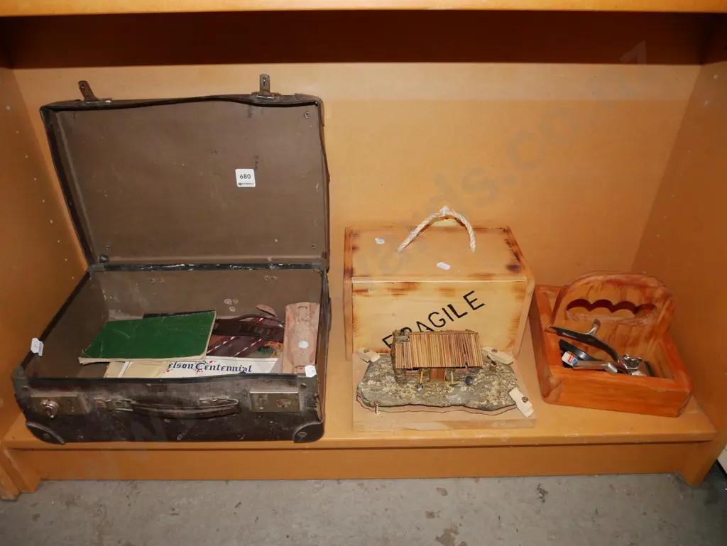 shelf; vintage suitcase, leather wrist straps, hand made stone cottage, basket etc Image 1++
