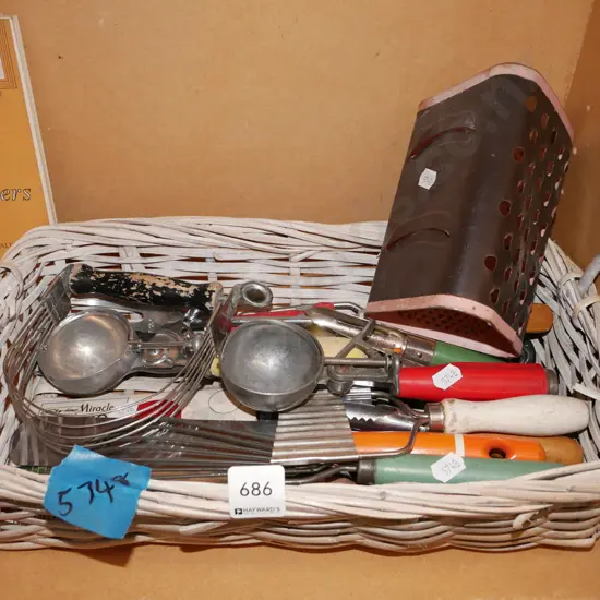 cane basket, kitchen utensils