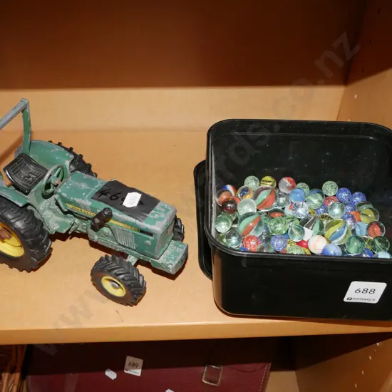 marbles, toy tractor