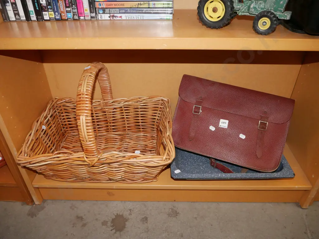 cane basket, leather satchel, speckled enamel baking dish Image 1++
