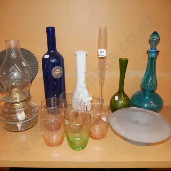 shelf; lantern, glass tumblers, vases etc