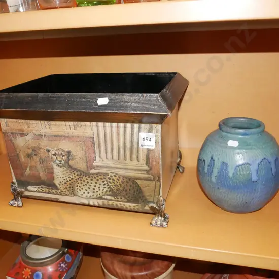 footed tin bin with leopard print, small pottery vase