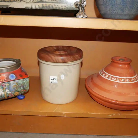 footed biscuit barrel - missing lid, small stoneware storage crock, tangine