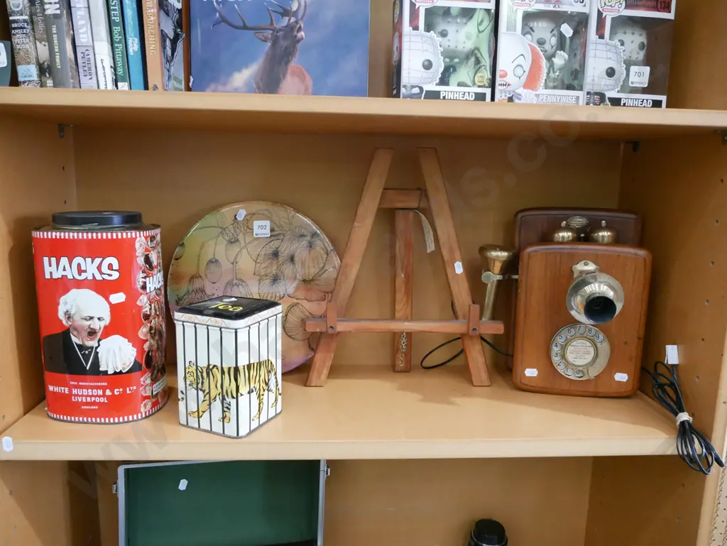 shelf; easel, reproduction dial telephone, tins etc Image 1++