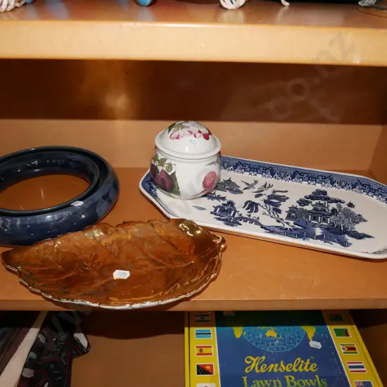 Portmeirion canister, trough vase, willow plate etc