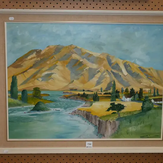 framed oil - mountain and river scene