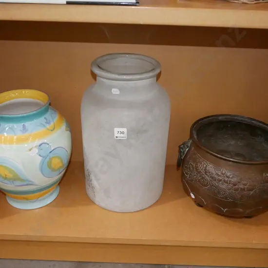 tall glass jar, copper footed jardiniere, pottery jar Tallest H-340
