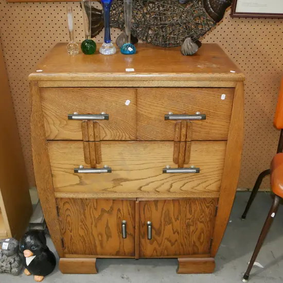 deco oak 2 door 3 drawer chest - varnish needs attention, damage to handles H-870 W-720 D-400