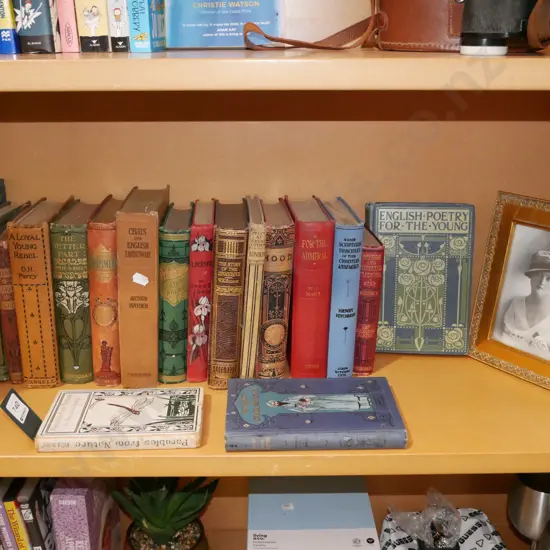 shelf of vintage books etc