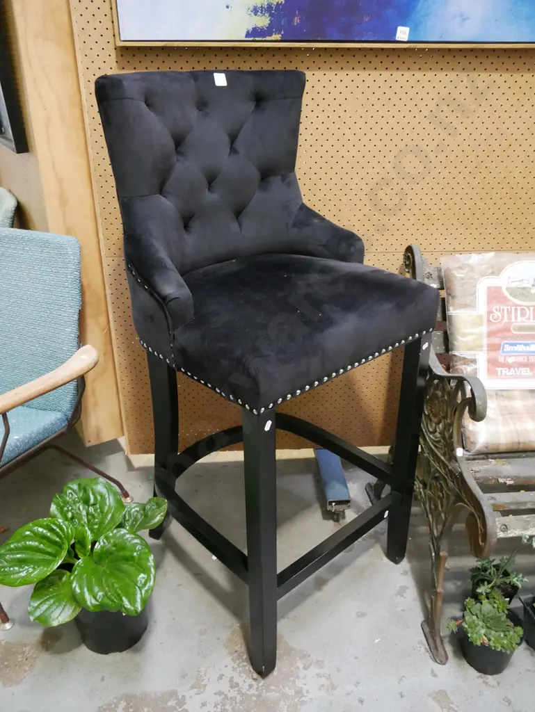 black velvet stool chair with unusual chrome handle on back Image 1++