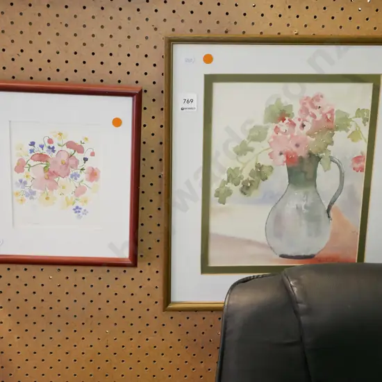 2x framed watercolours - orange dots