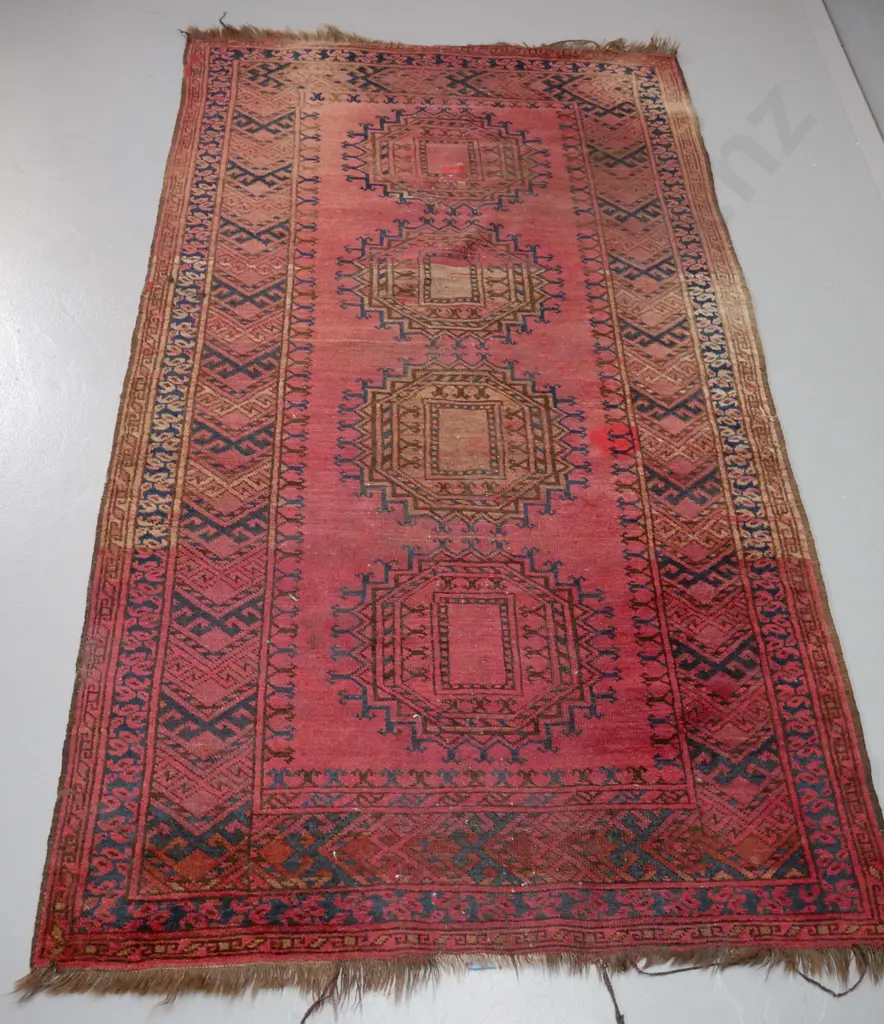 Persian style hand woven floor rug - dark reds, browns, black - fading and a repair/patch L-2190 W-1200 Image 1++