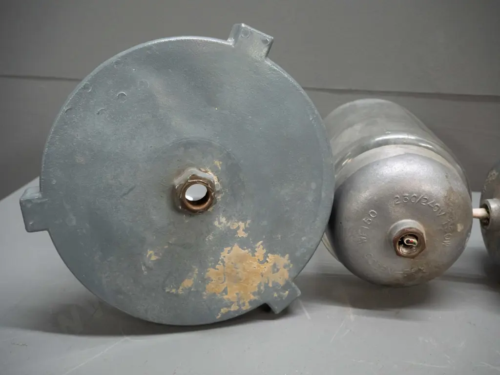 3 industrial or ship's light fittings with heavy cast metal housing and glass dome shades, pair of smaller ones Image 1++