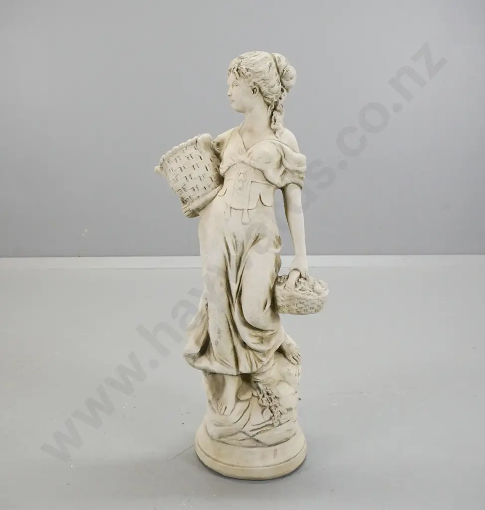 cast concrete garden ornament - woman with baskets H-680 D-220 at base Image 1++