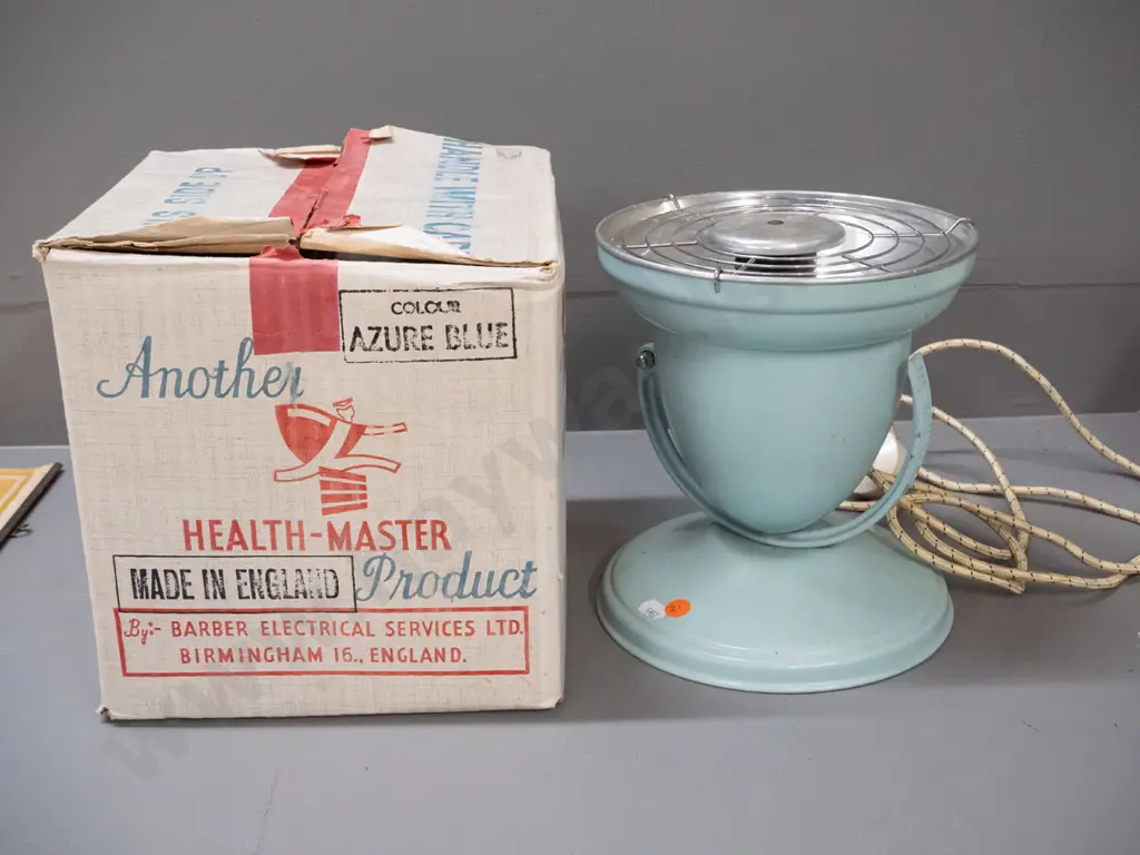 retro English Barber Polykymatic "Healthmaster" Model 596 infrared lamp with box. H-210 D-195 Image 1++
