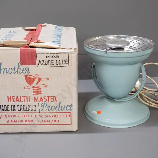 retro English Barber Polykymatic "Healthmaster" Model 596 infrared lamp with box. H-210 D-195