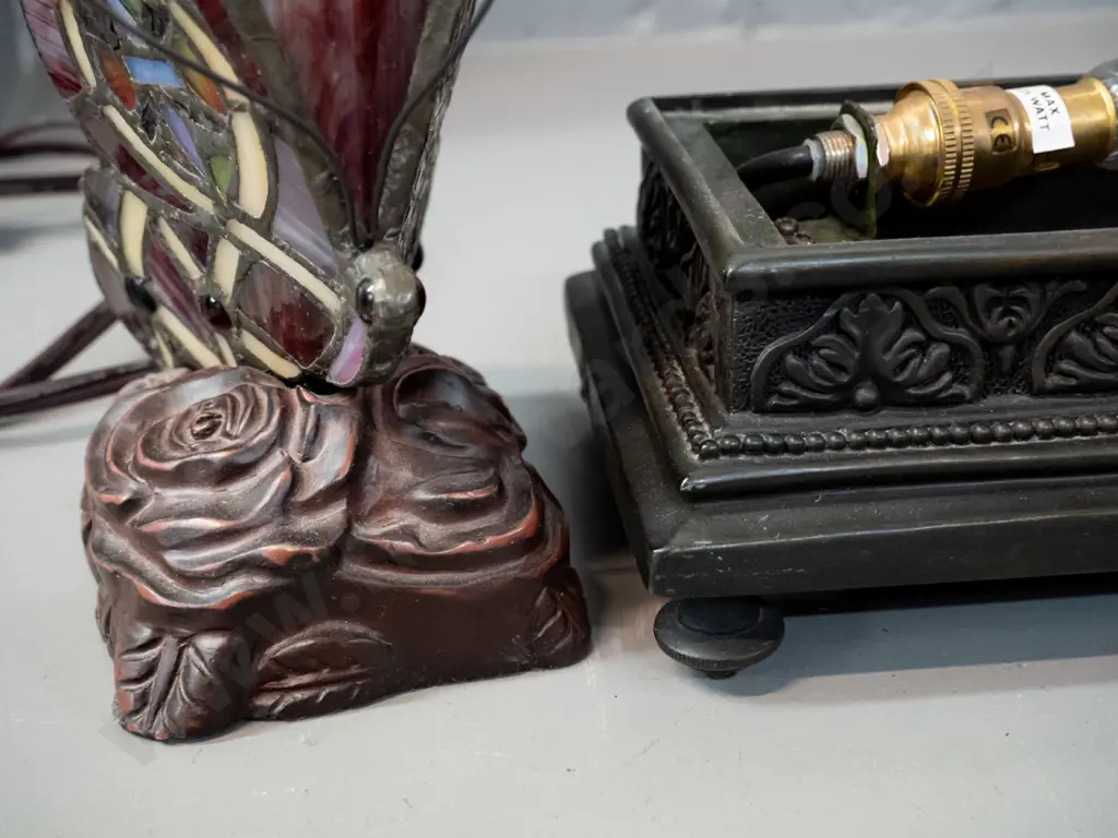 2 reproduction deco style composite & leadlight table lamps - small butterfly and sarcophagus-shaped rectangular with a Image 1++