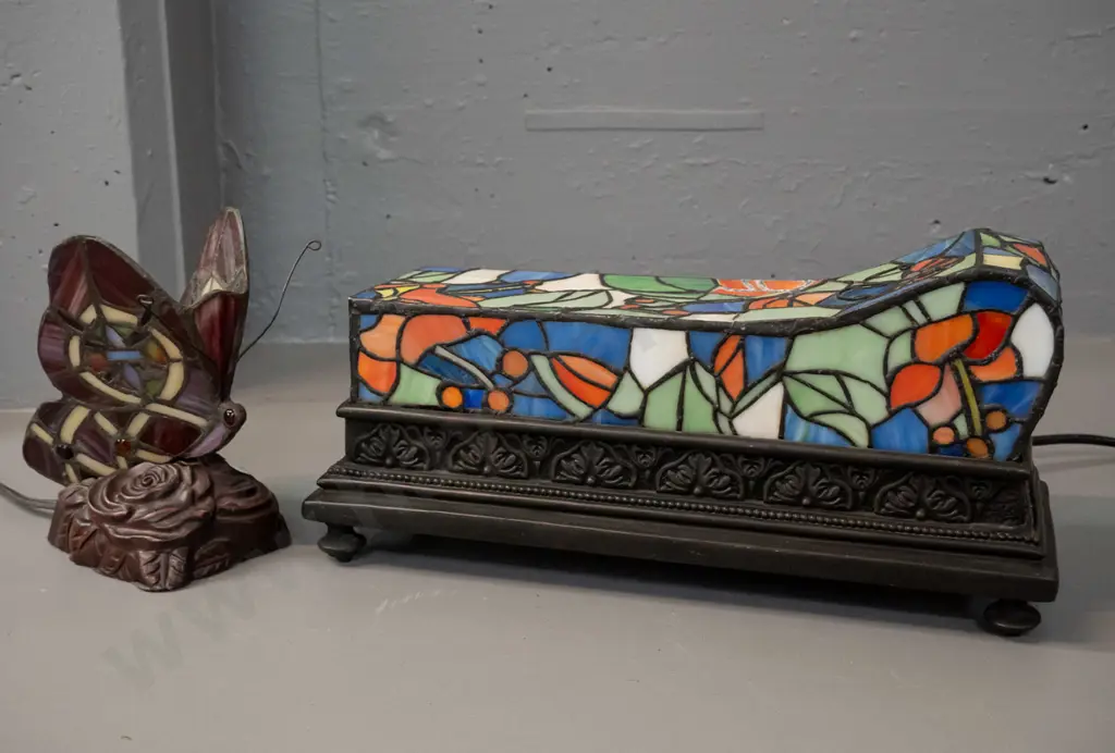 2 reproduction deco style composite & leadlight table lamps - small butterfly and sarcophagus-shaped rectangular with a Image 1++