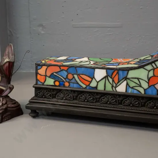 2 reproduction deco style composite & leadlight table lamps - small butterfly and sarcophagus-shaped rectangular with a
