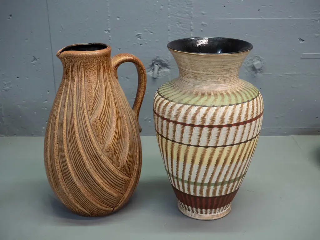 2 large German pottery vases - both black inside, woven grass motif handled jug vase, other sgraffito design H-310 D-190 Image 1++