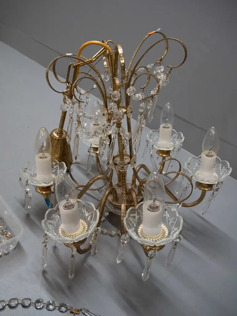 Handmade 6-light brass and crystal chandelier, made in Prague circa 1990,l with some spare Image 1++