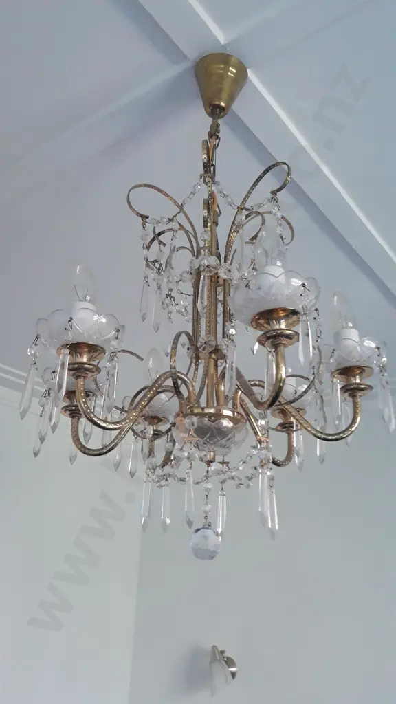 Handmade 6-light brass and crystal chandelier, made in Prague circa 1990,l with some spare Image 1++