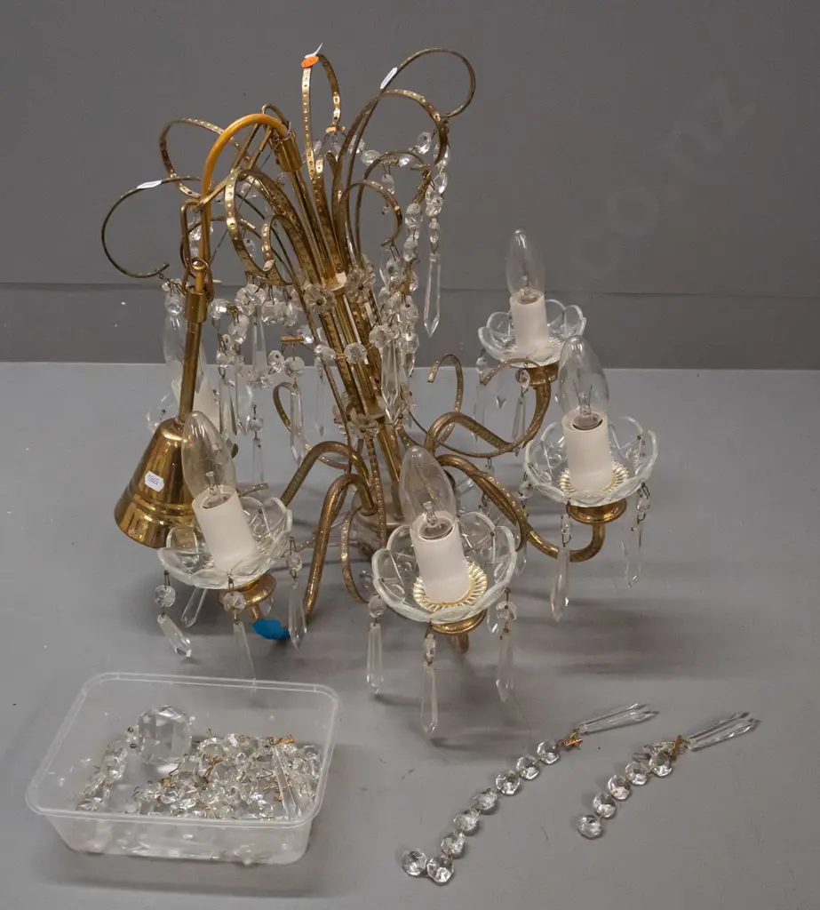 Handmade 6-light brass and crystal chandelier, made in Prague circa 1990,l with some spare Image 1++