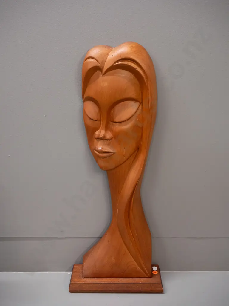 retro carved timber female head on timber base - marked JM '67 on back. H-610 W-235 Image 1++