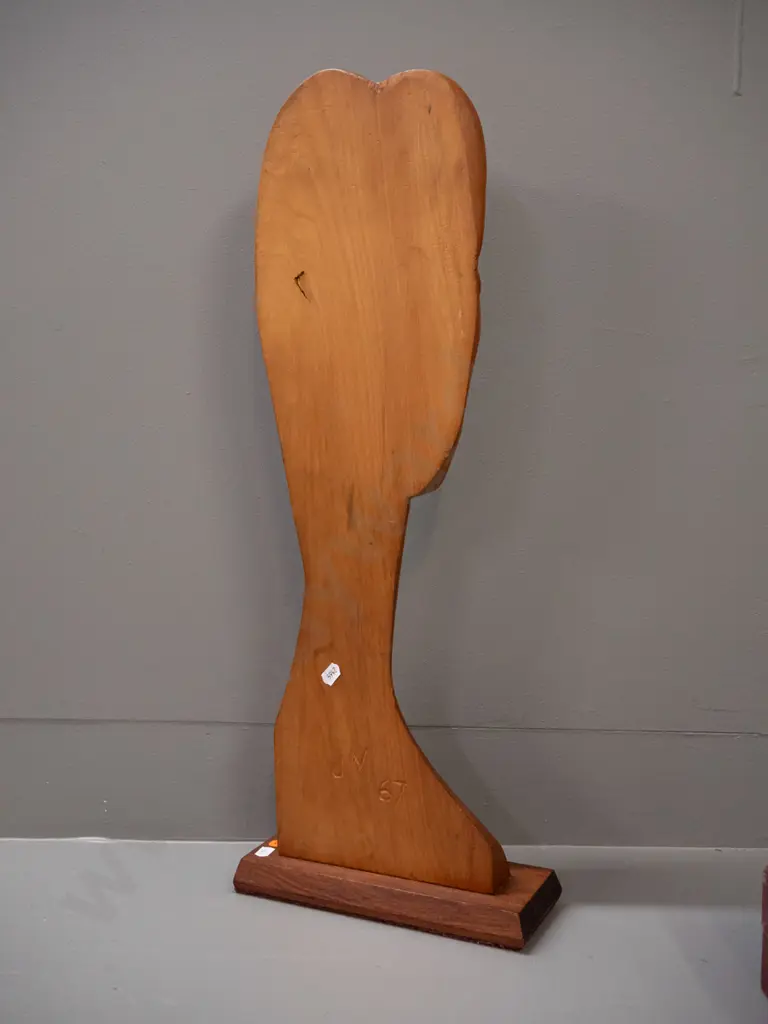 retro carved timber female head on timber base - marked JM '67 on back. H-610 W-235 Image 1++