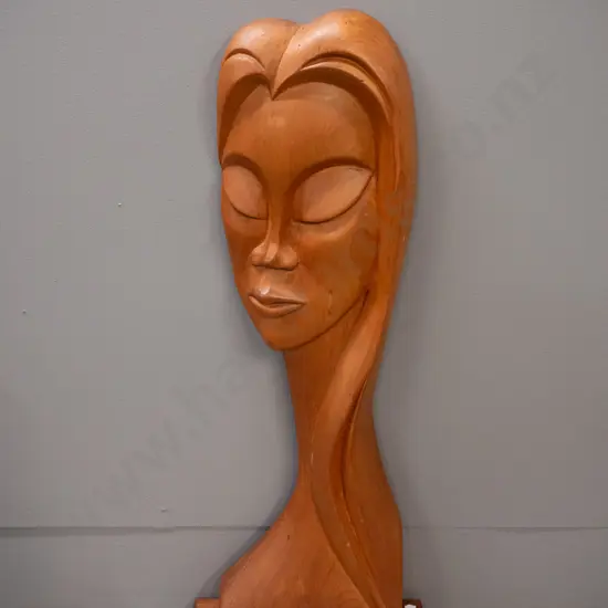 retro carved timber female head on timber base - marked JM '67 on back. H-610 W-235