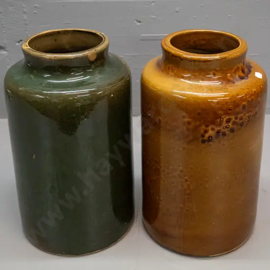 2 wide-mouth storage crocks, no maker's marks, heavy brown one has chip to base, both approx. H-350 D-200