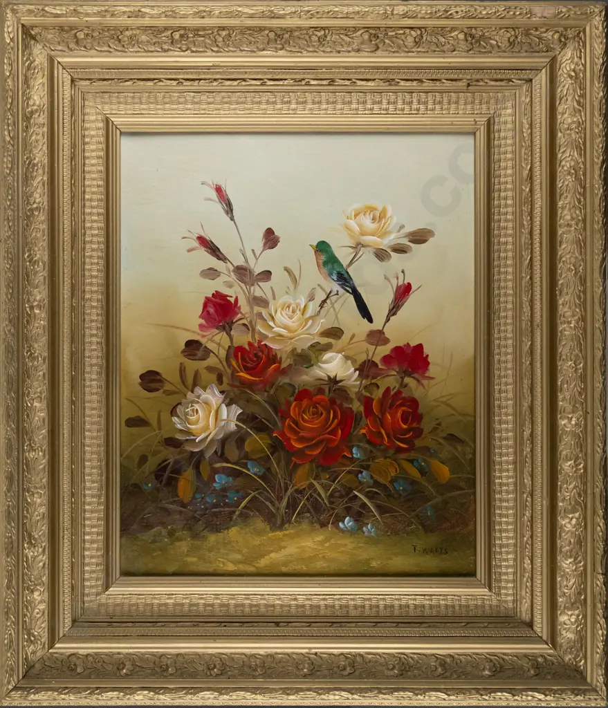 T. Watts - ornate gilt framed oil - still life w/ flowers and bird. Overall H-540 W-430 Image 1++