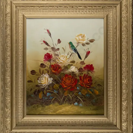 T. Watts - ornate gilt framed oil - still life w/ flowers and bird. Overall H-540 W-430