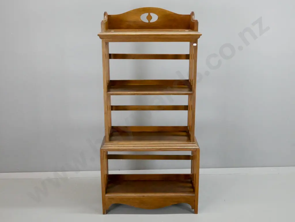 vintage oak 4-tier dumb waiter with slatted sides, pierced back motif - fading to one side H-1300 W-600 D-250 Image 1++