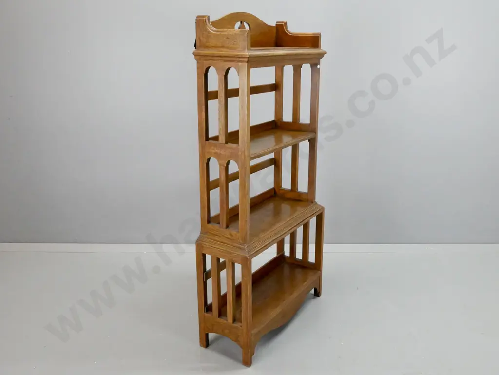 vintage oak 4-tier dumb waiter with slatted sides, pierced back motif - fading to one side H-1300 W-600 D-250 Image 1++
