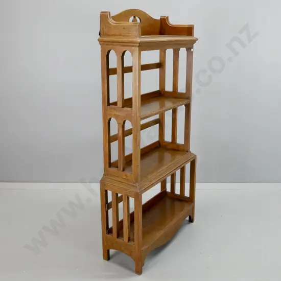 vintage oak 4-tier dumb waiter with slatted sides, pierced back motif - fading to one side H-1300 W-600 D-250