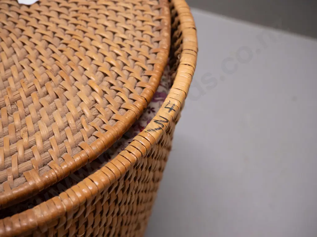 Chinese teapot in fitted & insulated cane & fabric holder, wire and woven fabric handles have some fraying, chip to rim Image 1++