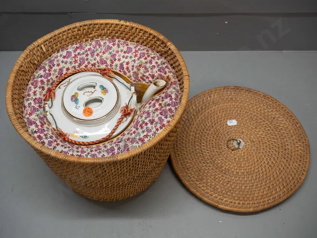 Chinese teapot in fitted & insulated cane & fabric holder, wire and woven fabric handles have some fraying, chip to rim Image 1++