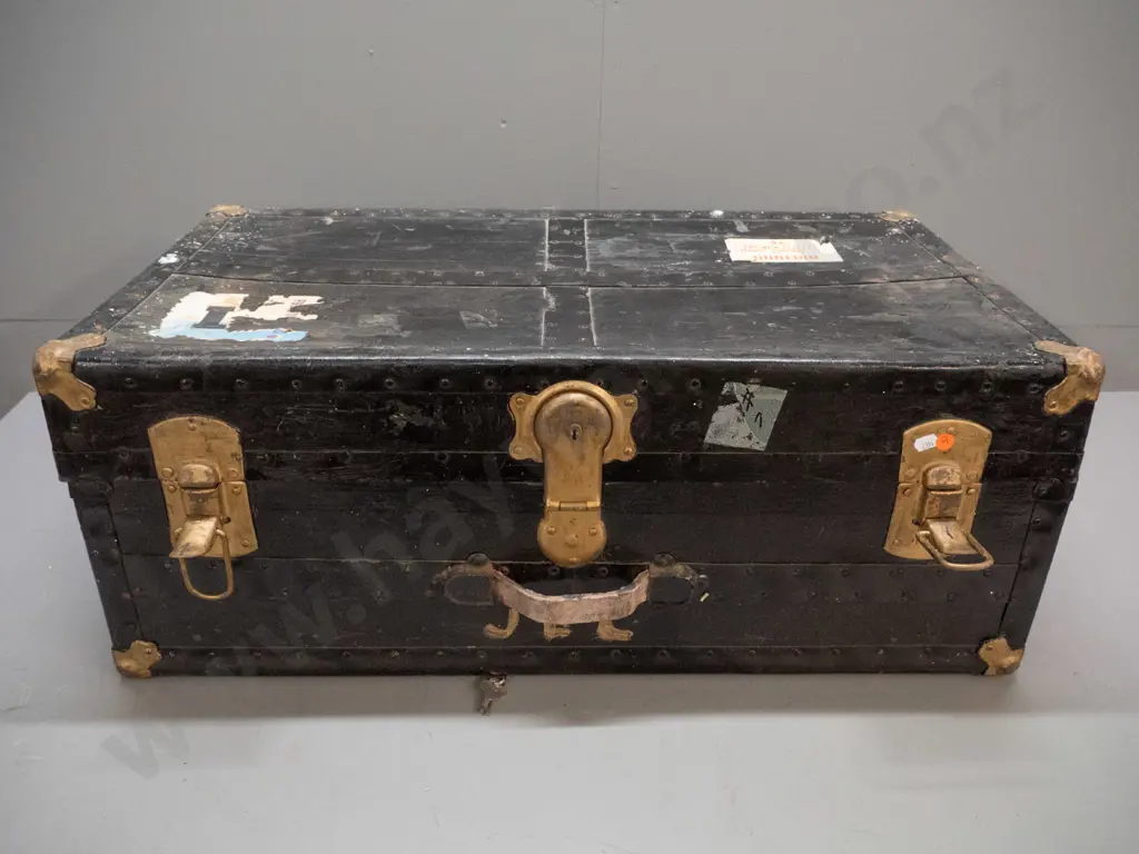 large vintage travel trunk - metal bound board & fibre, painted black and gilt painted latches, missing shelf and one Image 1++