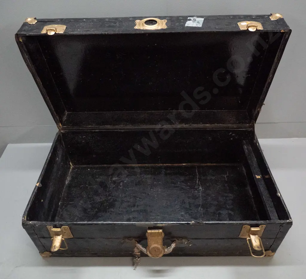 large vintage travel trunk - metal bound board & fibre, painted black and gilt painted latches, missing shelf and one Image 1++