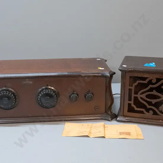 vintage wood-cased valve radio and separate speaker cabinet, both marked Sonora. Radio cabinet H-230 W-750 D-270