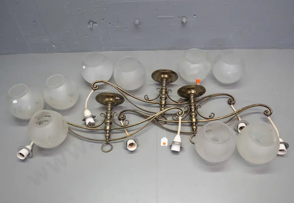 set of 3 matching brass dual bulb ceiling light fittings with etched pattern frilled-edge globe shades - with 3 spare Image 1++