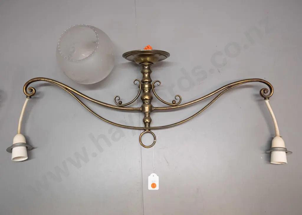 set of 3 matching brass dual bulb ceiling light fittings with etched pattern frilled-edge globe shades - with 3 spare Image 1++