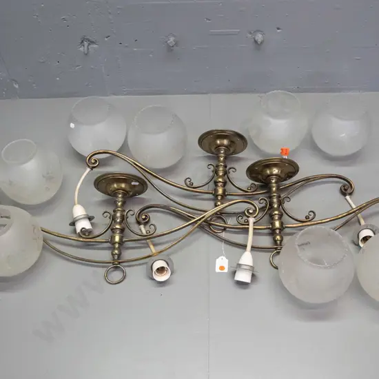 set of 3 matching brass dual bulb ceiling light fittings with etched pattern frilled-edge globe shades - with 3 spare