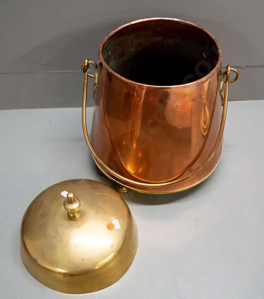 copper and brass conical shaped coal scuttle or storage vessel with cast brass handle and feet, brass knob H390 D-280 at Image 1++