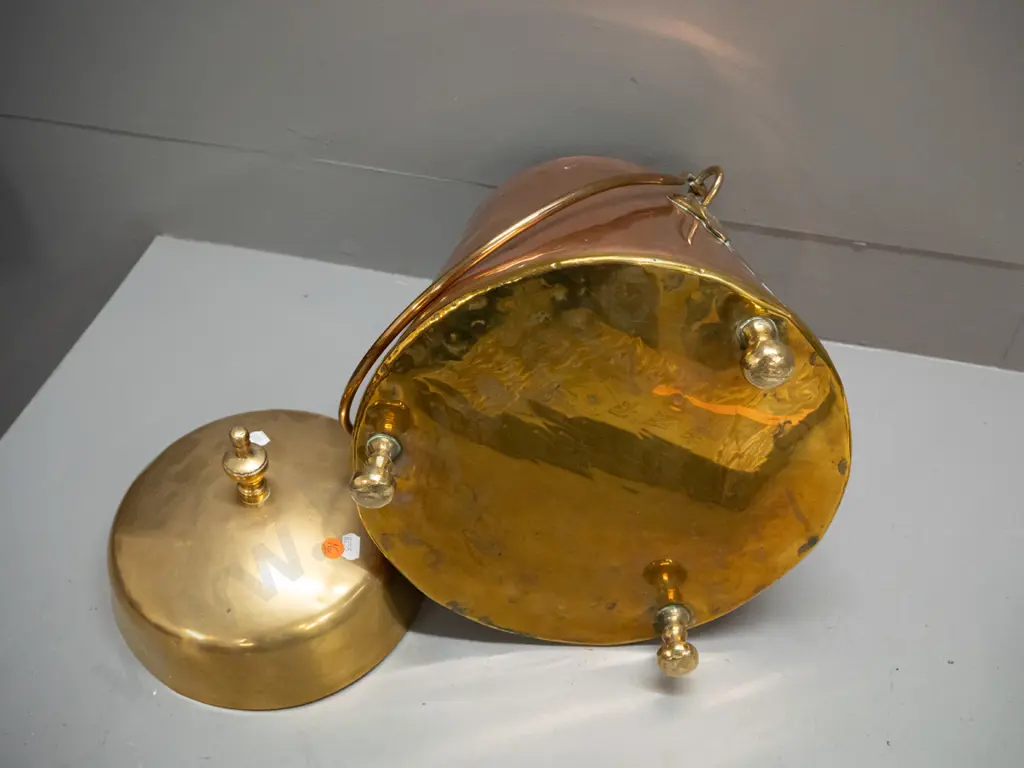 copper and brass conical shaped coal scuttle or storage vessel with cast brass handle and feet, brass knob H390 D-280 at Image 1++