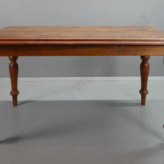 recycled rimu turned leg table with double edge tongue & groove top, stains & marks to oiled surface H-750 L-1380 W-860